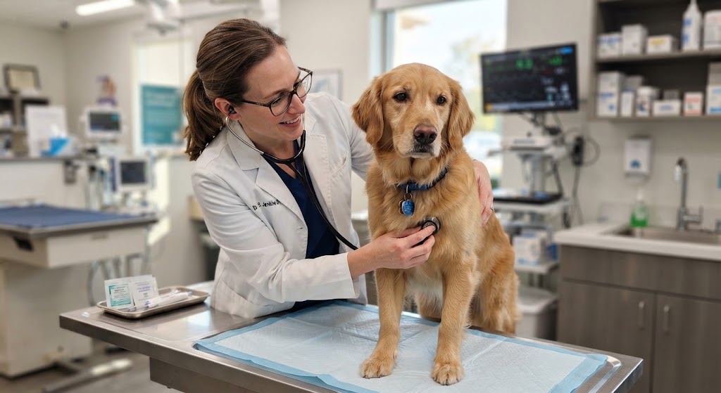 Veterinarian examining dog and discussing raw food diet safety recommendations