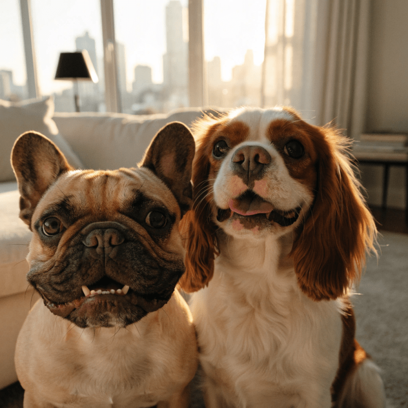 Two apartment-friendly dog breeds (French Bulldog and Cavalier) relaxing in small apartment living room