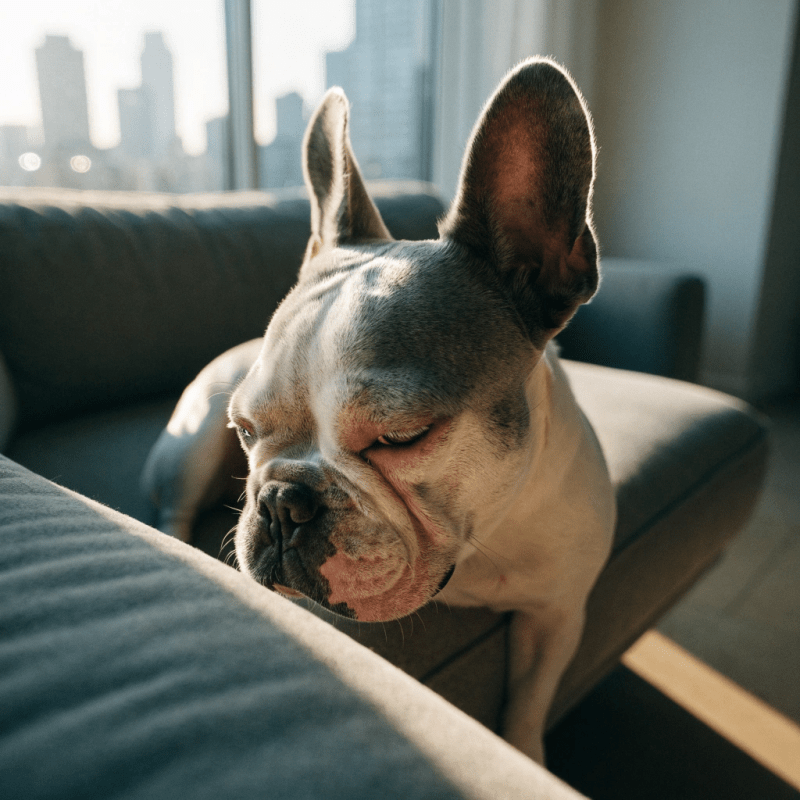 French Bulldog resting peacefully on modern apartment couch with city skyline view