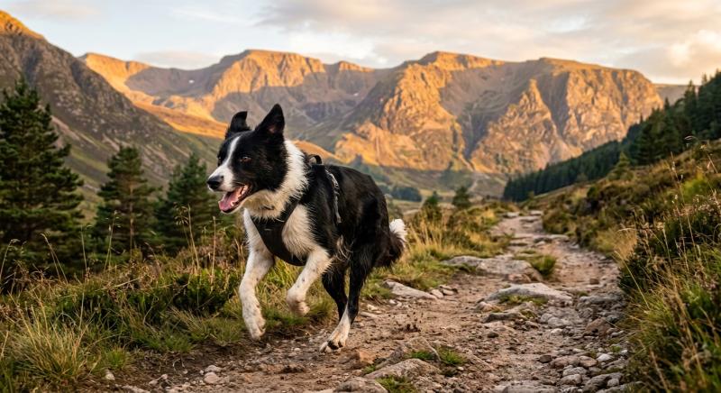 Athletic Border Collie running on a mountain trail, showcasing high-energy breed fitness