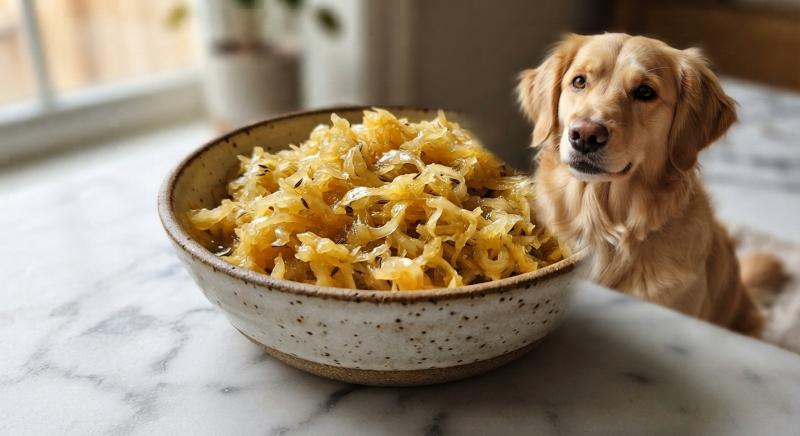Close-up of sauerkraut in a ceramic bowl showing fermented cabbage texture and golden color, illustrating the fermented food safety considerations for dogs
