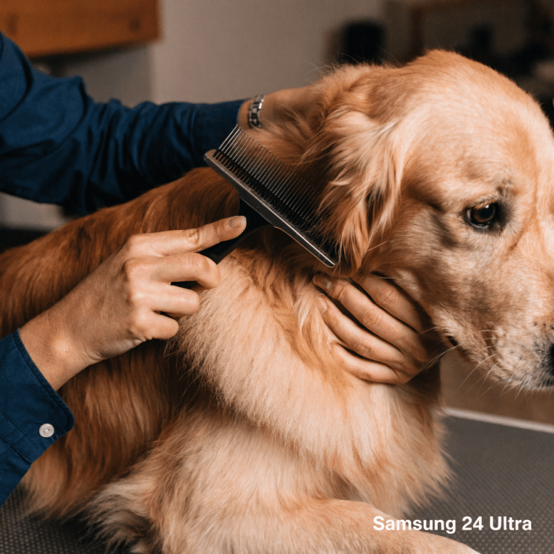 Dog grooming at home beginner brushing Golden Retriever coat