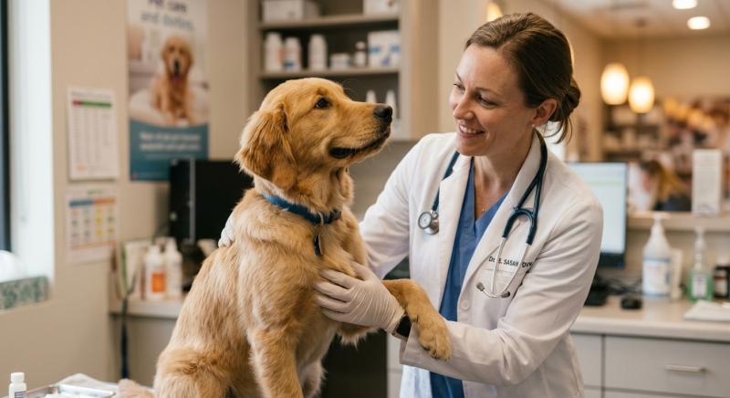 Veterinarian examining male dog before neutering procedure