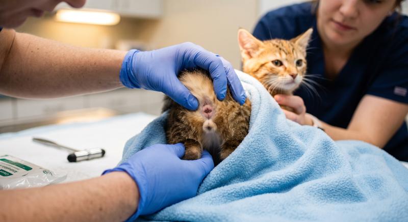 Close-up veterinary examination showing anogenital distance method for determining kitten sex with clear spacing visible between genital and anal openings