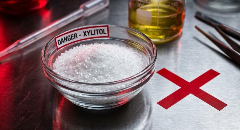 Xylitol sweetener crystals in glass bowl with red X warning symbol, illustrating the dangerous artificial sweetener toxic to dogs at small doses