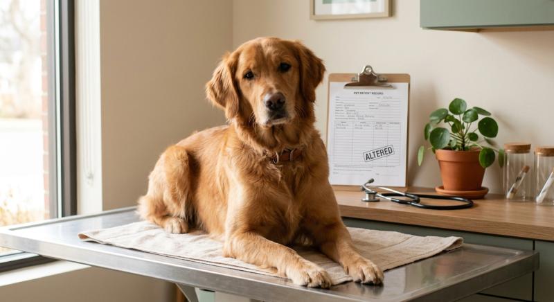 Altered dog Golden Retriever at vet clinic calm examination table